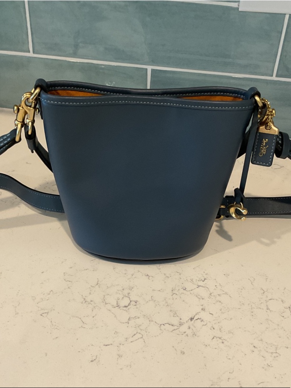Coach Leather Crossbody Bucket Bag in Navy with Gold Hardware